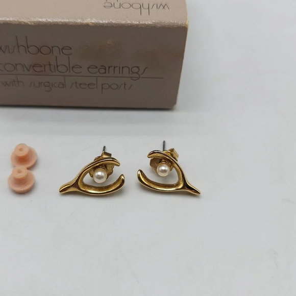 Avon 1984 Wishbone Convertible Earrings Faux Pearl Surgical Steel Posts - Picture 3 of 5